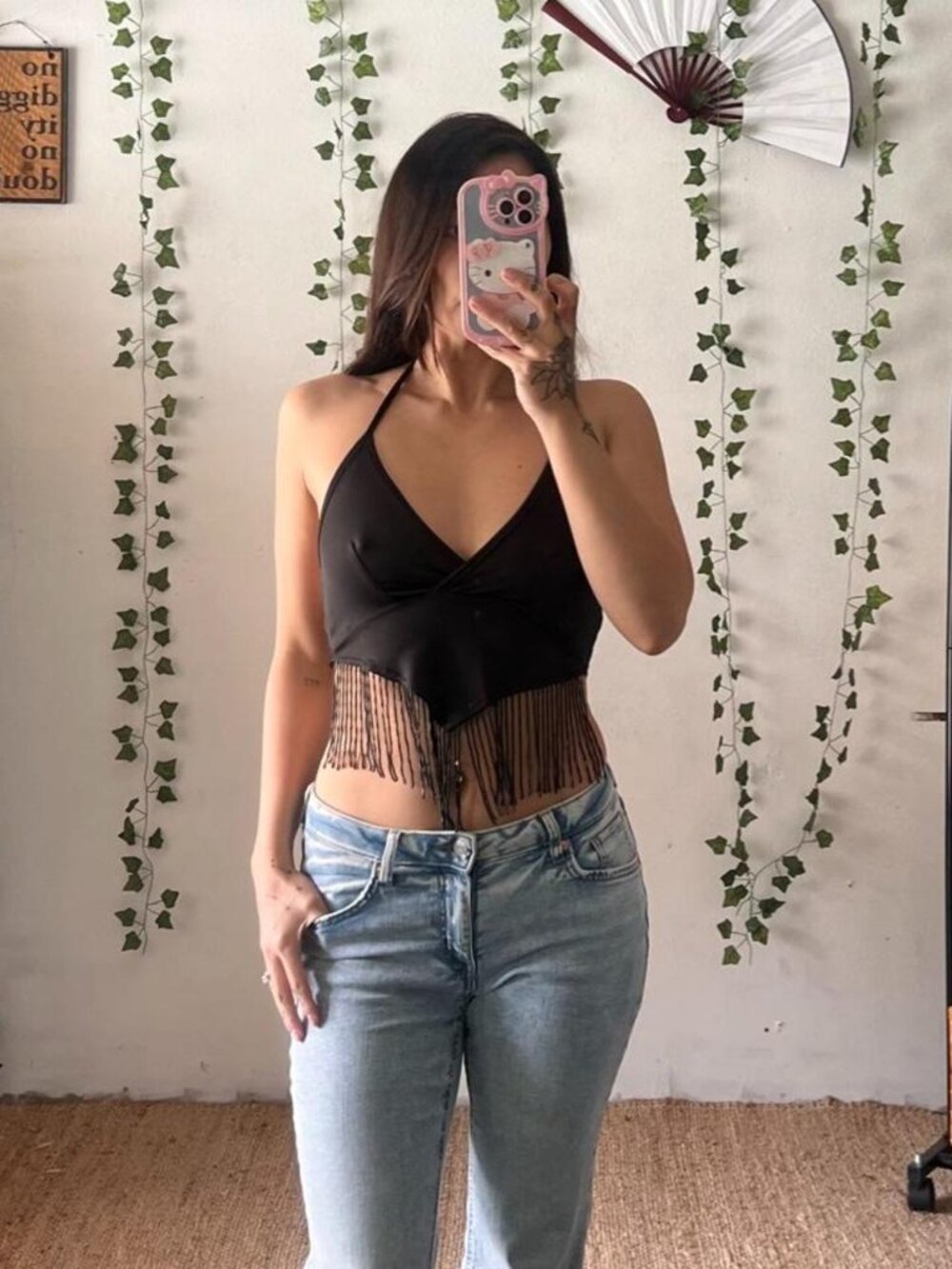 NWT Windsor black halter top with beaded fringe detail size S